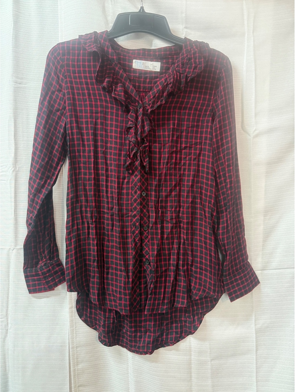 Time and Tru Women's Red and Black Checkered Rayon Button-Up Blouse with Ruffle